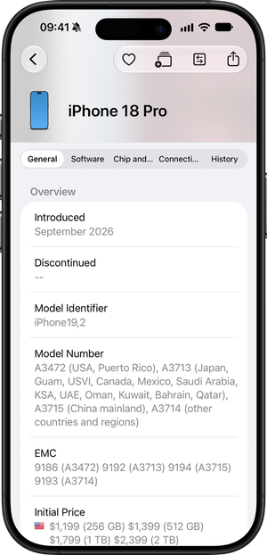 Mactracker on iOS interface preview showing device specifications